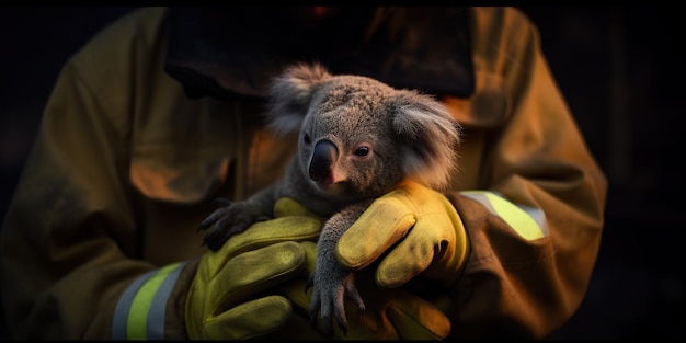 Пожарный держит дикого медведя-коалу во время лесного пожара