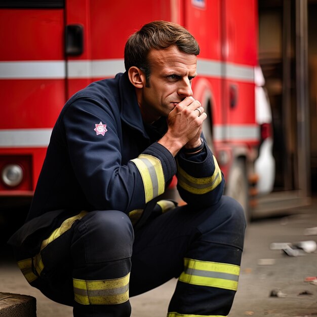 Photo a fireman is kneeling on the ground in front of a fire truck