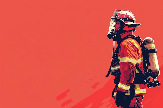 Photo a fireman is standing in front of a red background