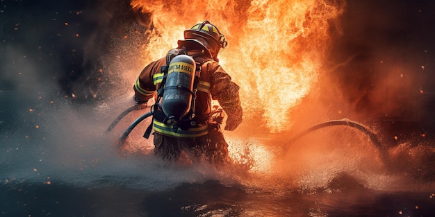 Пожарный использует воду и огнетушитель с помощью искусственного интеллекта