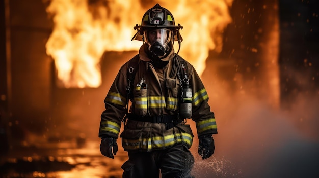 Fireman portrait wearing mask with fire background