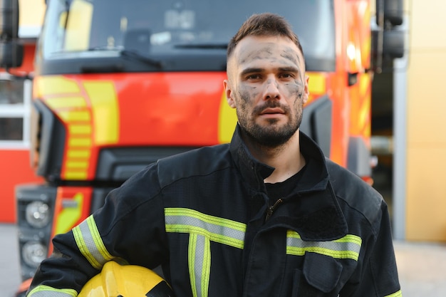 fireman in protective uniform standing near fire engine on station