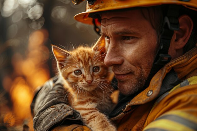 A fireman proudly holds a rescued kitten in his arms international firefighters day
