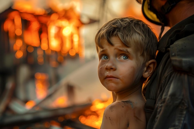 Foto un pompiere salva un bambino da una casa in fiamme