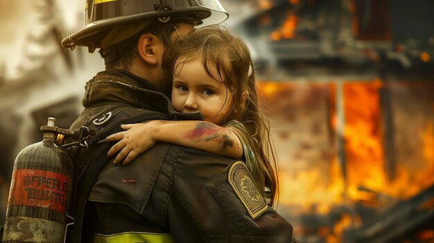 Foto un pompiere salva un bambino da una casa in fiamme