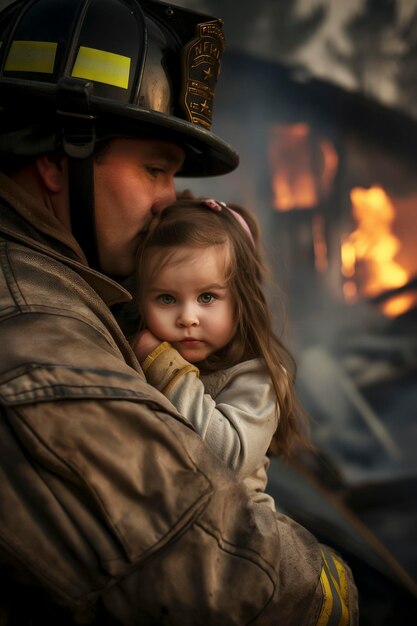 Foto un pompiere salva un bambino da una casa in fiamme