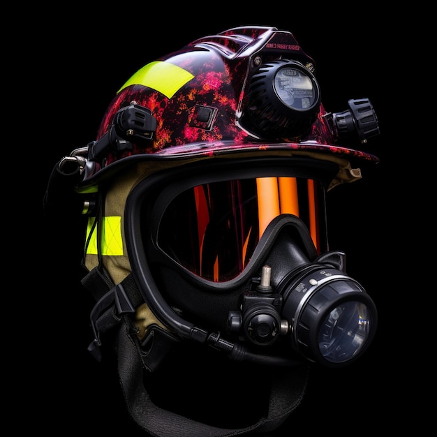 a fireman's gas mask with a yellow and red fire extinguisher.