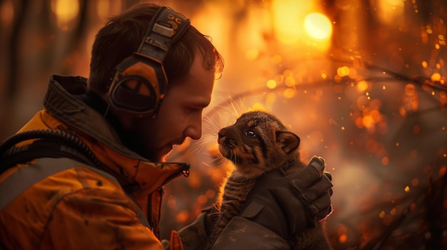 Fireman sharing heat with puppy in front of flames