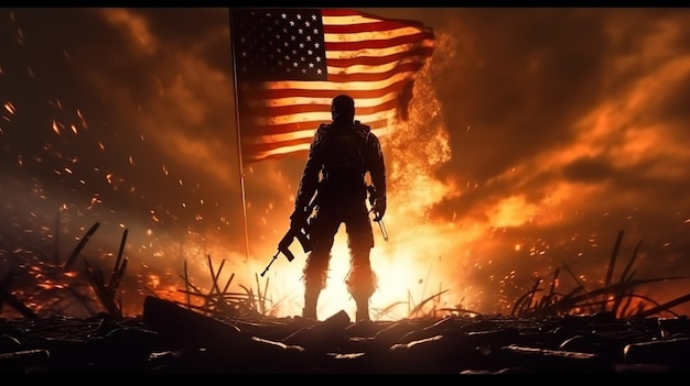 A fireman stands in front of a burning flag