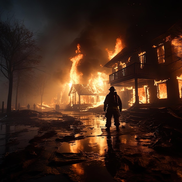 a fireman stands in front of a house that has flames on it