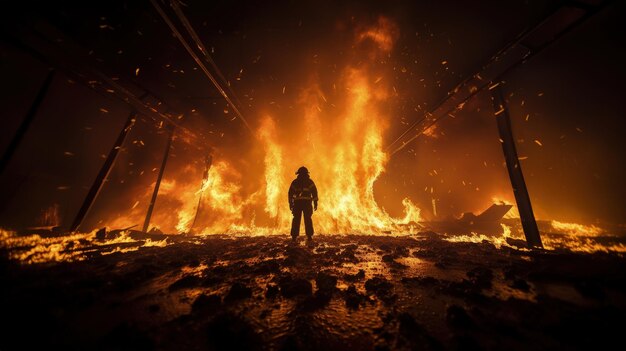 The fireman stands at the scene of the fire wide angle view