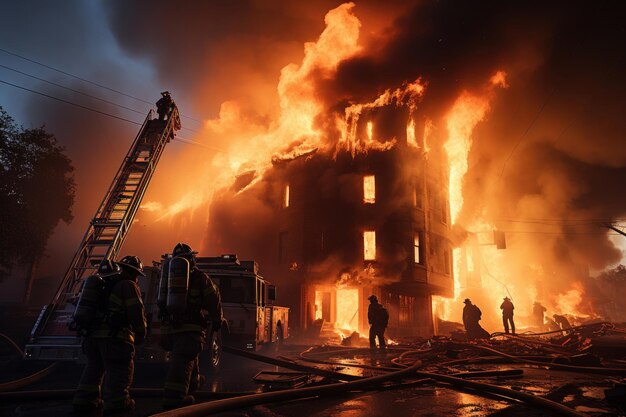 炎に包まれた建物からはしごを使って人々を救出する消防士