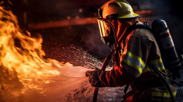 Fireman using water and extinguisher to fighting with fire flame in an emergency situation