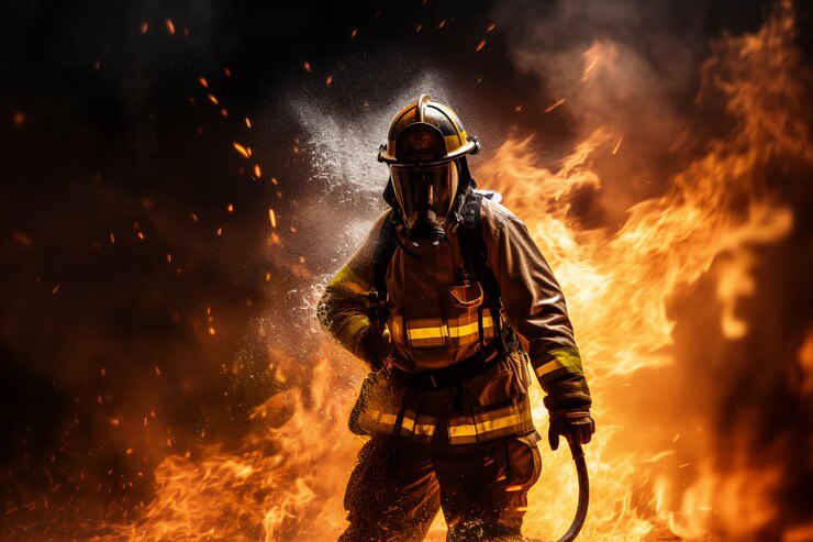 Photo fireman using water and extinguisher to fighting