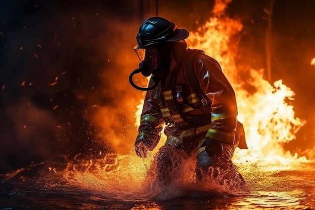 Foto vigile del fuoco che usa acqua ed estintore per combattere