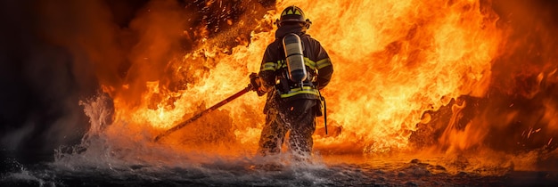 Fireman using water and extinguisher to fighting