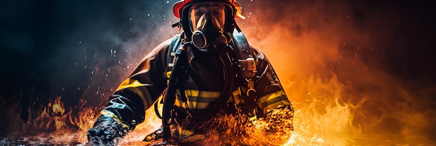 Photo fireman using water and extinguisher to fighting