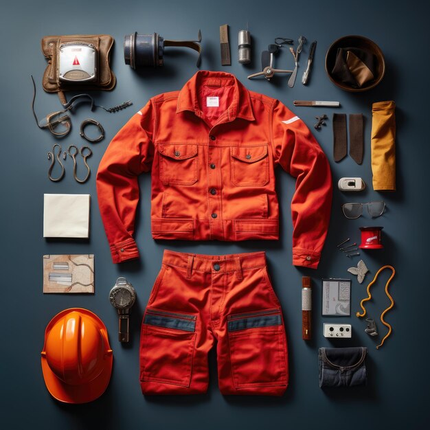 Photo fireman vintage knolling flat lays studio photo clother equip profession retro instagram wall art