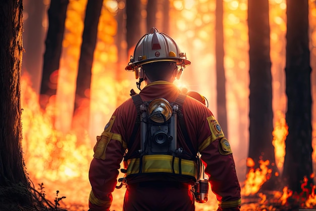 Fireman wearing fire fighter suit for safety fire in forest ai generative