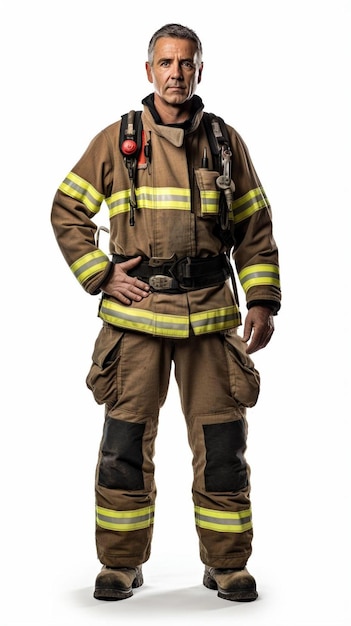 Photo a fireman wearing a firefighter uniform and wearing a fire hose