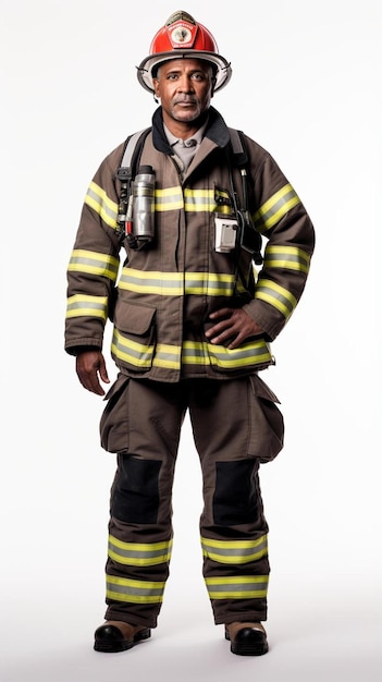 a fireman wearing a firefighter uniform with fire hoses on his back