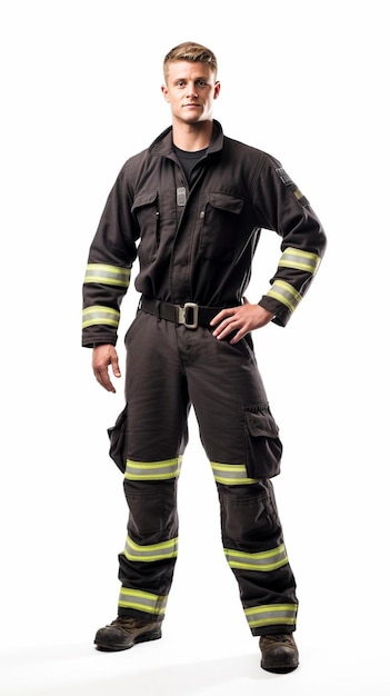 Photo a fireman wearing a firefighter uniform with yellow stripes on his pants