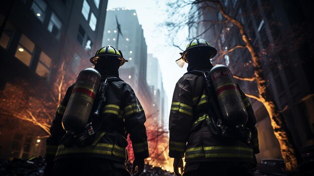 Fireman wearing his uniform with a fire extinguisher on a street