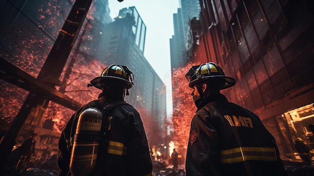 Fireman wearing his uniform with a fire extinguisher on a street