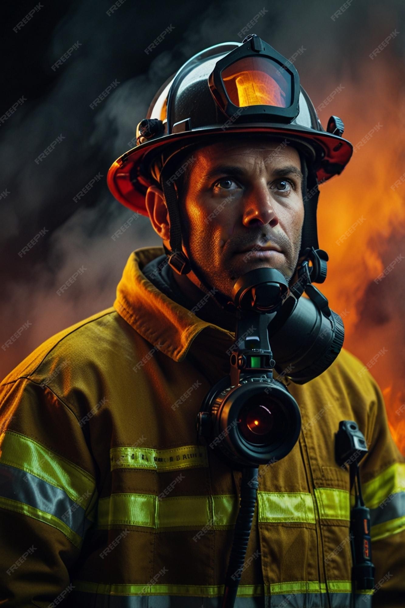A fireman with a fireman wearing a firemans helmet Premium AI A fireman with a fireman wearing a firemans helmet Premium AI