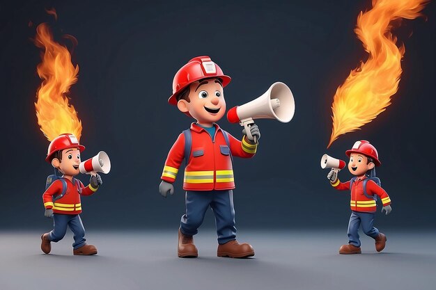 メガフォンを持った消防士が火災緊急避難アラームを発表します 建物の住人キャラクターを警戒します