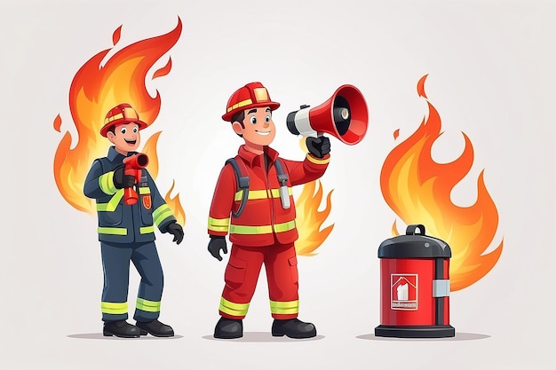 Fireman with Megaphone Announce Fire Emergency Evacuation Alarm Alert Building Occupant Characters