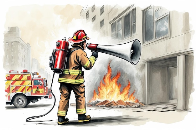 Fireman with Megaphone Announce Fire Emergency Evacuation Alarm Alert Building Occupant Characters