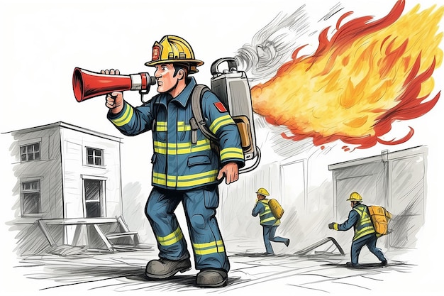 Fireman with Megaphone Announce Fire Emergency Evacuation Alarm Alert Building Occupant Characters