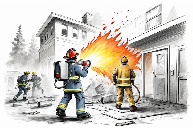 Fireman with Megaphone Announce Fire Emergency Evacuation Alarm Alert Building Occupant Characters