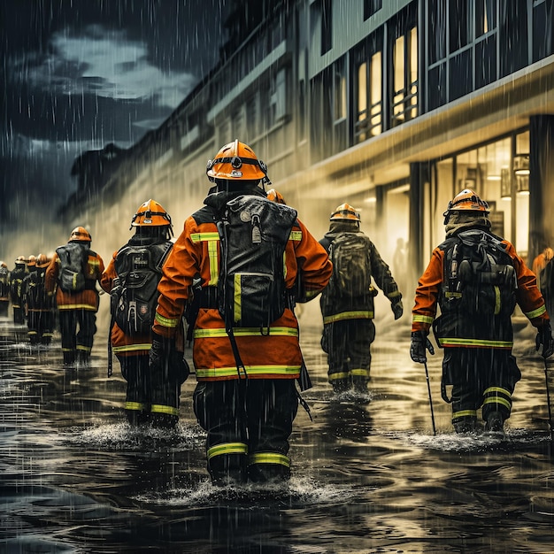 Firemen walking in the rain with their helmets on.