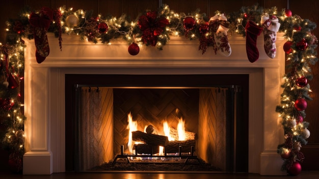 Photo fireplace adorned with garland twinkling lights and stockings hung