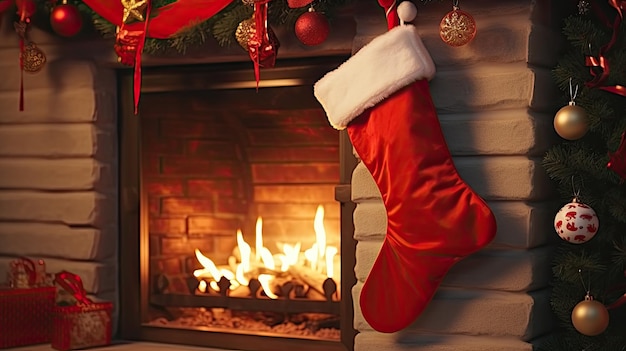 ストッキング と クリスマス の 贈り物 で 飾ら れ た 暖炉