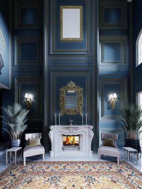 Photo fireplace area with a white stone fireplace with two leather chairs and large houseplants in a classic dark blue interior 3d rendering