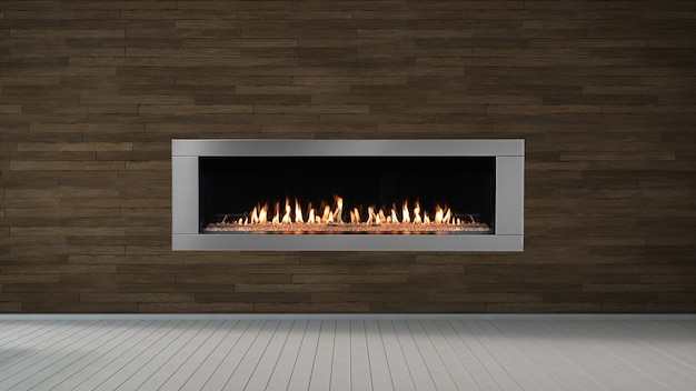 Fireplace on brown wall in empty living room interior of house.