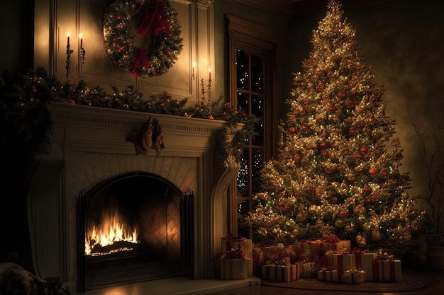 A fireplace and Christmas tree in a room Santa is on his way