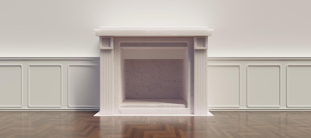 Фото Камин классический белый пустой на деревянном полу стены интерьер комнаты
