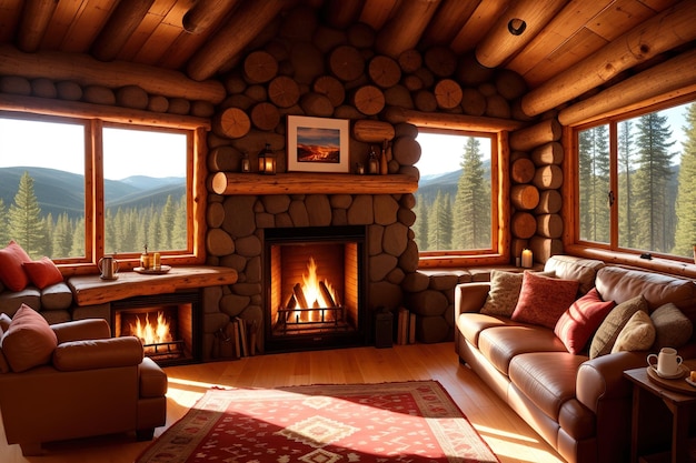 A fireplace in a cozy living room with a view of the snow