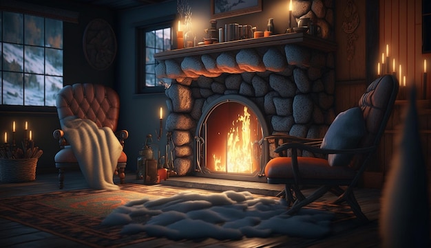 A fireplace in a dark room with a blanket on the floor and a pillow on the floor.