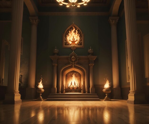 A fireplace in a dark room with a fire in the middle