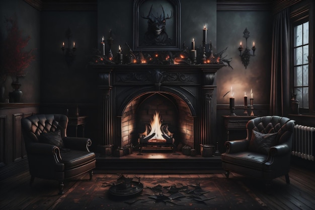 A fireplace in a dark room with a skull on the fireplace.