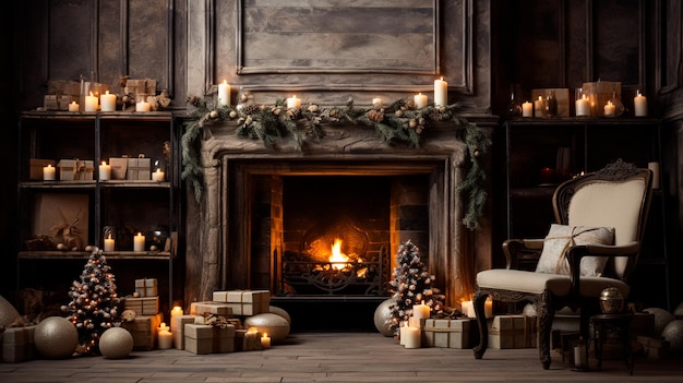 fireplace decorated with christmas tree in interior