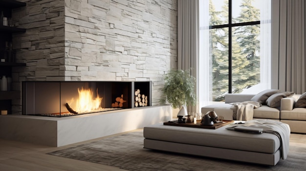 Fireplace decorated with stone tiles in minimalist