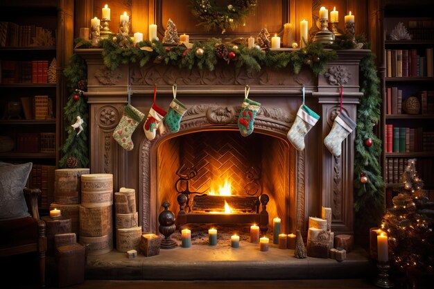 Fireplace decorated with vintage style Christmas stockings retro garlands Vintage fireplace with crackling fire