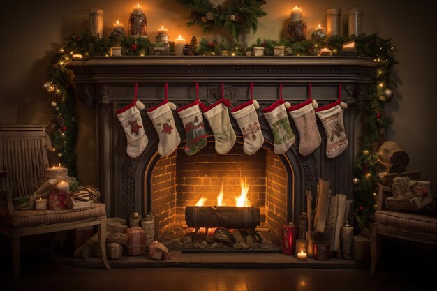 Fireplace decorated with vintage style christmas stockings retro garlands vintage fireplace with crackling fire