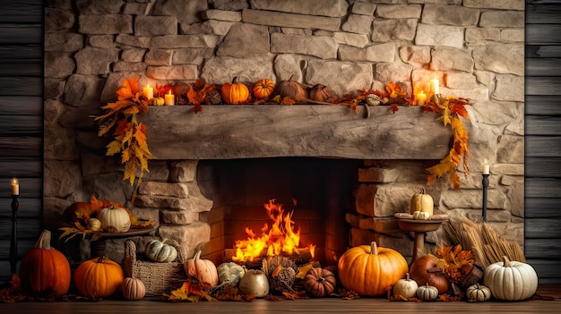 Fireplace illustration with burning fire decorated with pumpkins and leaves AI generated